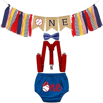 FMYFWY Baby 1st Birthday Outfits Baseball Cake Smash Photo Shoot Decorations Kit Highchair Banner Bloomers Suspender Bow Tie