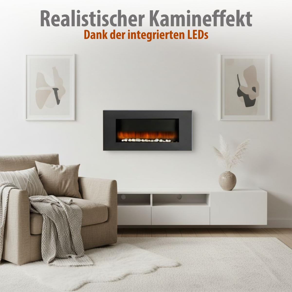 Vancouver Elektrokamin mit Heizung - Elektroheizung 105,5 x 48 x 12 cm - Elektroherd mit LED-Flammen - mit Heizung, Fernbedienung und Timer - 2000 W - Wandmontage - Schwarz