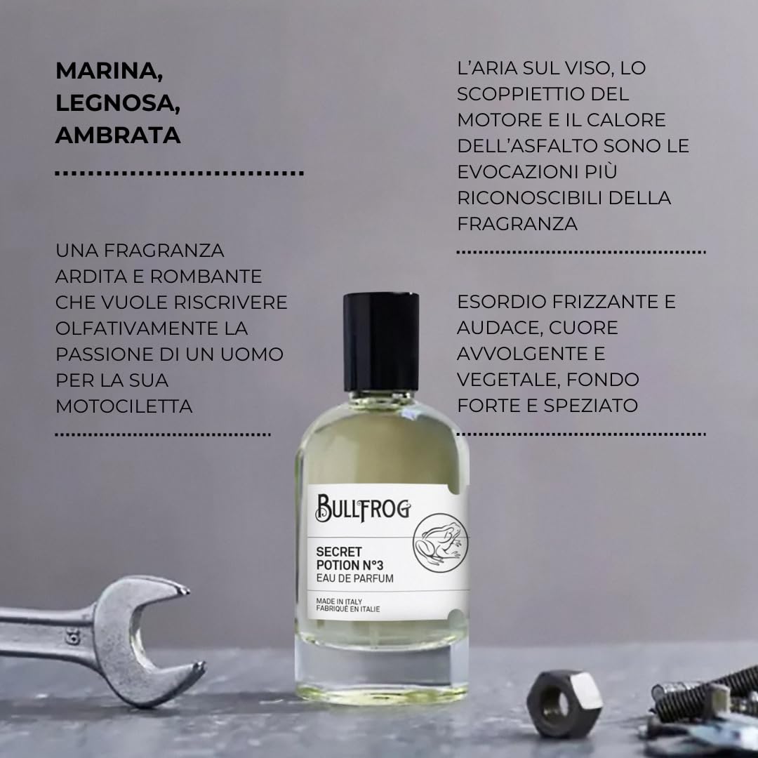 Bullfrog Eau De Parfum Secret Potion N.3 100ml - Profumo da Uomo - Note di Bergamotto, Rosa Damascena, Ambra, Salvia, Chiodi di Garofano e Legni Preziosi - Made in Italy.