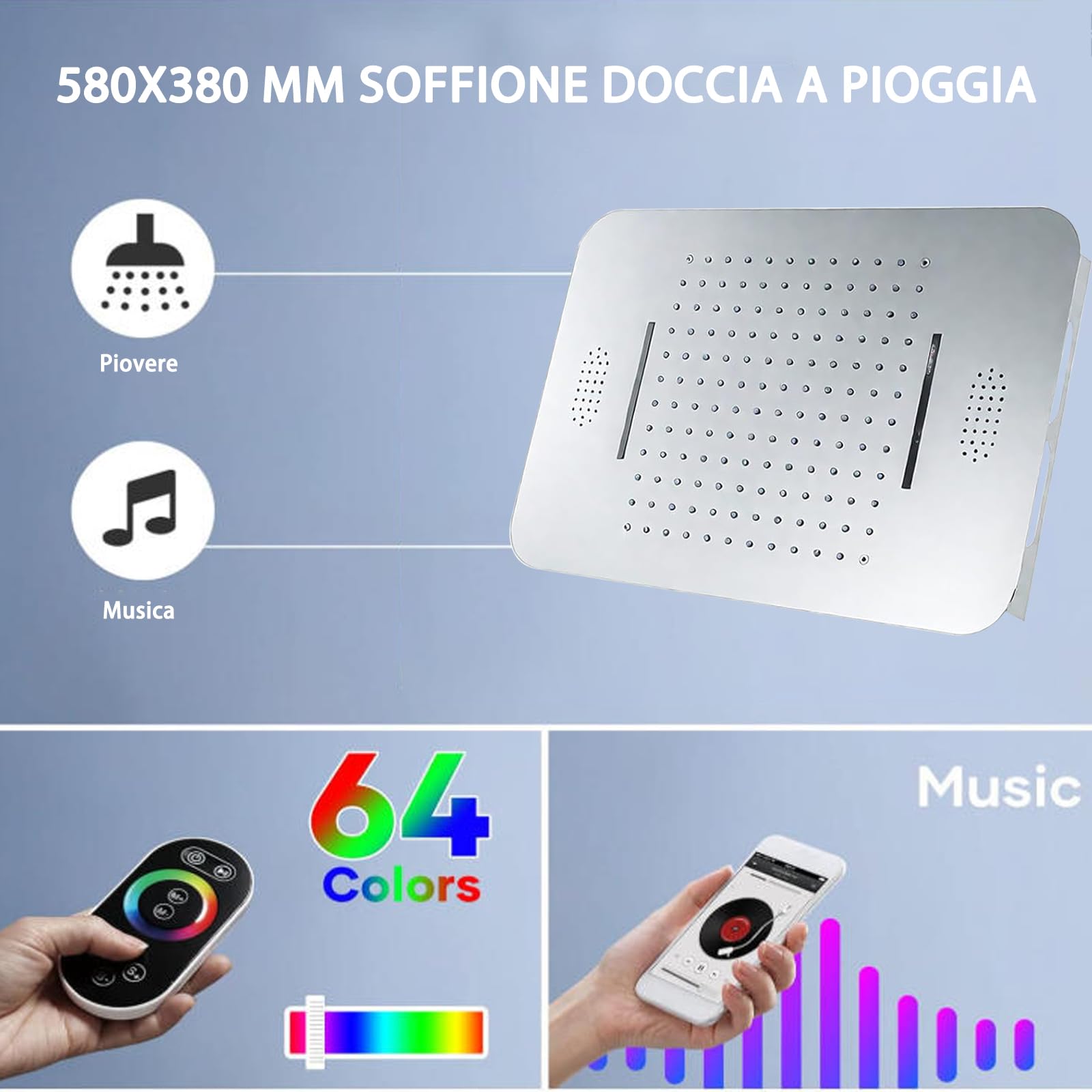 Colonna Doccia Cromo Incassato Sistema Doccia Musicale 64 Colori LED Set, Multifunzionale Set doccia, 55x38cm sistemi doccia a pioggia a spruzzo, 6pcs getti spa per bagno, Doccia a Mano