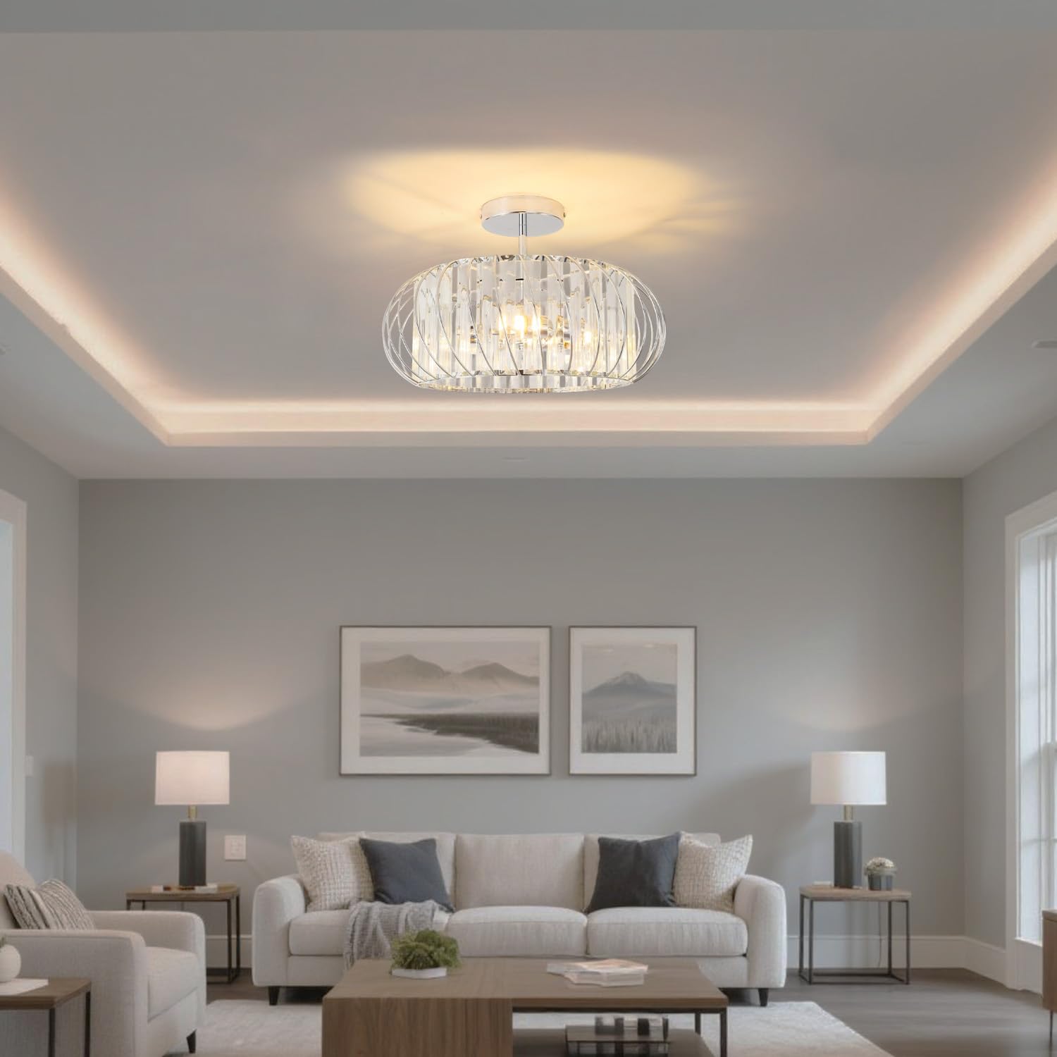 ANWIO Lampadari Cristallo Argento, Plafoniere Soggiorno Argento con 3 Luci, Lampadario a Sospensione Moderno E14, Plafoniere Vetro Per Camera da Letto, Ristorante, 40 CM (Senza Lampadine) Kitchen