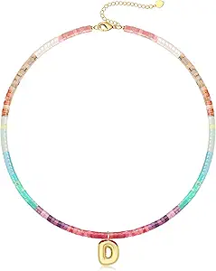 Beaded Initial Necklaces for Women Teen Girl Gifts Trendy Stuff Colorful Gemstone Choker Necklace with Bubble A-Z Stocking Stuffers for Teens Christmas Gifts for Her Birthday Summer Beach Jewelry for Daughter Sister Friend
