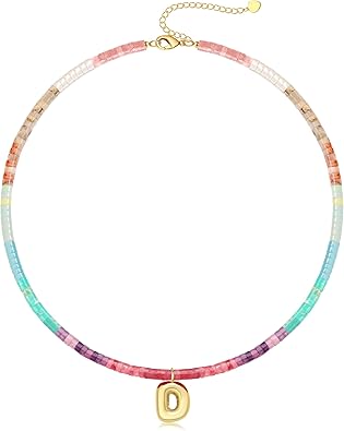 Beaded Initial Necklaces for Women Teen Girl Gifts Trendy Stuff Colorful Gemstone Choker Necklace with Bubble A-Z Stocking Stuffers for Teens Christmas Gifts for Her Birthday Summer Beach Jewelry for Daughter Sister Friend