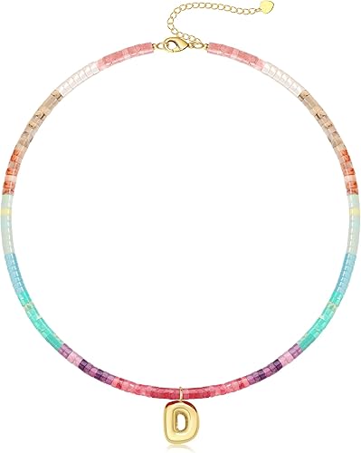 Beaded Initial Necklaces for Women Teen Girl Gifts Trendy Stuff Colorful Gemstone Choker Necklace with Bubble A-Z Stocking Stuffers for Teens Christmas Gifts for Her Birthday Summer Beach Jewelry for Daughter Sister Friend