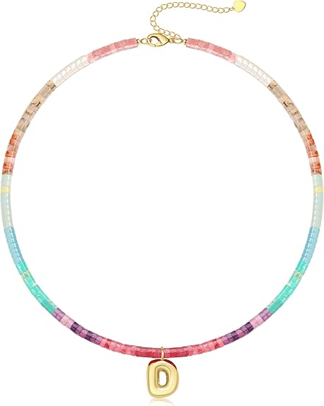 Beaded Initial Necklaces for Women Teen Girl Gifts Trendy Stuff Colorful Gemstone Choker Necklace with Bubble A-Z Stocking Stuffers for Teens Christmas Gifts for Her Birthday Summer Beach Jewelry for Daughter Sister Friend