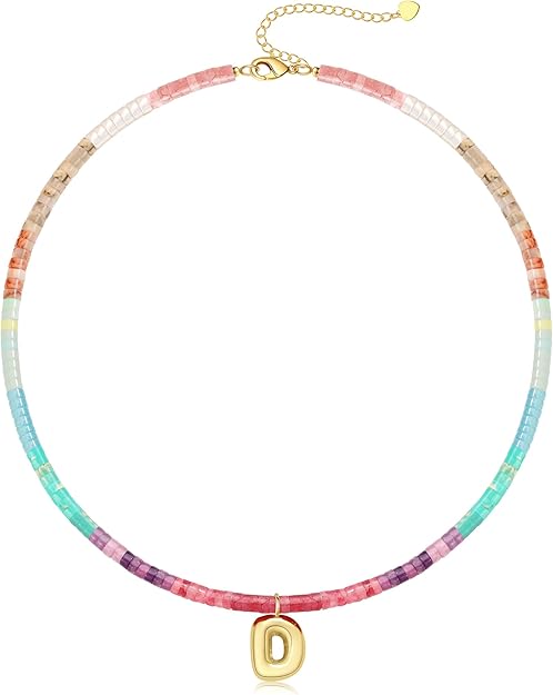 Beaded Initial Necklaces for Women Teen Girl Gifts Trendy Stuff Colorful Gemstone Choker Necklace with Bubble A-Z Stocking Stuffers for Teens Christmas Gifts for Her Birthday Summer Beach Jewelry for Daughter Sister Friend