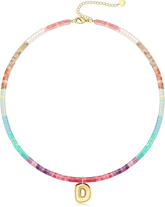 Beaded Initial Necklaces for Women Teen Girl Gifts Trendy Stuff Colorful Gemstone Choker Necklace with Bubble A-Z Stocking Stuffers for Teens Christmas Gifts for Her Birthday Summer Beach Jewelry for Daughter Sister Friend