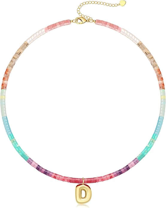 Beaded Initial Necklaces for Women Teen Girl Gifts Trendy Stuff Colorful Gemstone Choker Necklace with Bubble A-Z Stocking Stuffers for Teens Christmas Gifts for Her Birthday Summer Beach Jewelry for Daughter Sister Friend