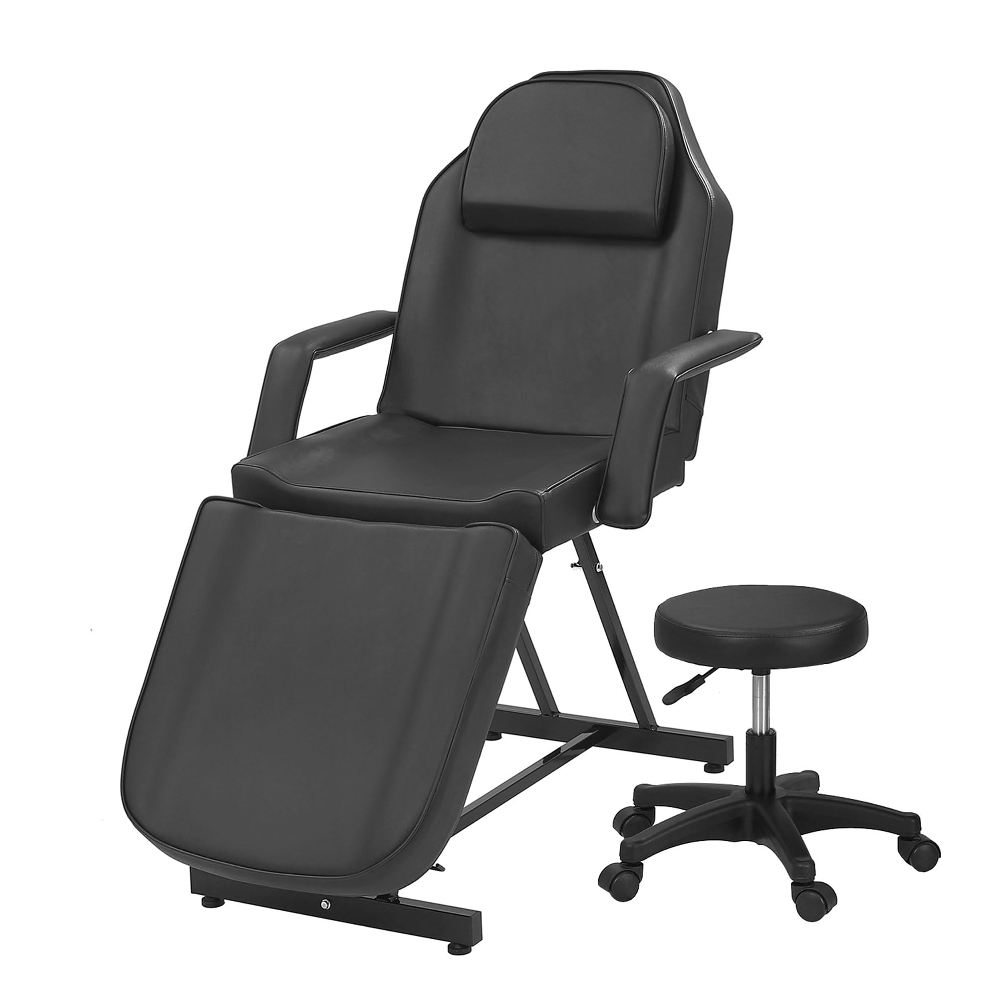 Massage Liege mit Hocker, Verstellbarer Kosmetikstuhl mit hydraulischer Höhenverstellung, Rückenlehne & Beinauflage, Profi Massageliege für Tattoo, Wimpern, Kosmetikstudio, Schwarz