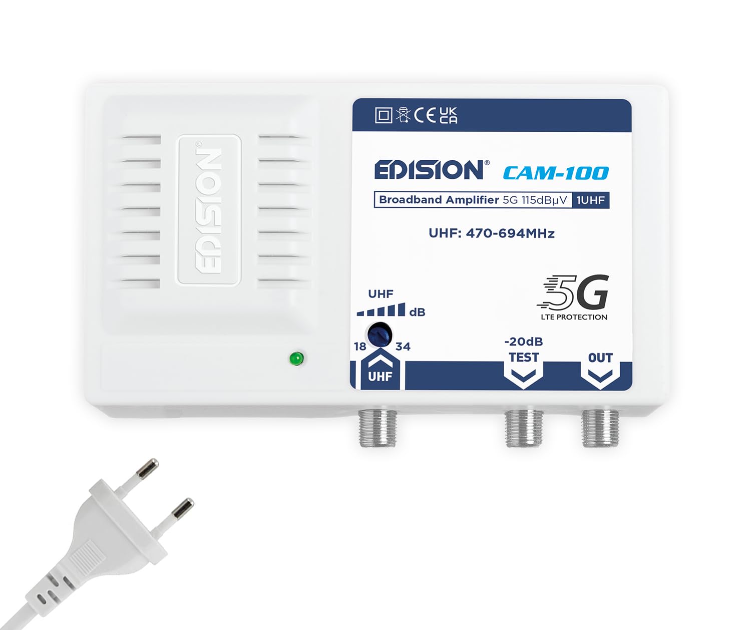 EDISION CAM-100 Amplificatore Antenna TV, Centrale Banda Larga, 1UHF, 18-34db Regolabile, 115dBmV, per Digitale Terrestre DVB-T/T2, con filtro 5G LTE, UHF 470-694Mhz