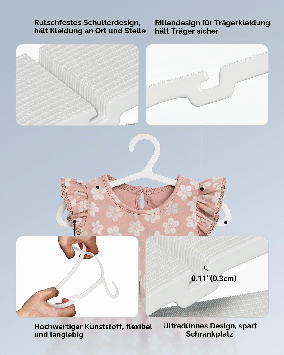 ABHENG 100 Stück Kinder-Kleiderbügel aus Kunststoff, Platzsparend Baby Bügel, Rutschfester Kinderkleiderbügel, Ultra-Schlanke, Premium-Qualität, 35B x 17,5H cm, Weiß, APY07100W