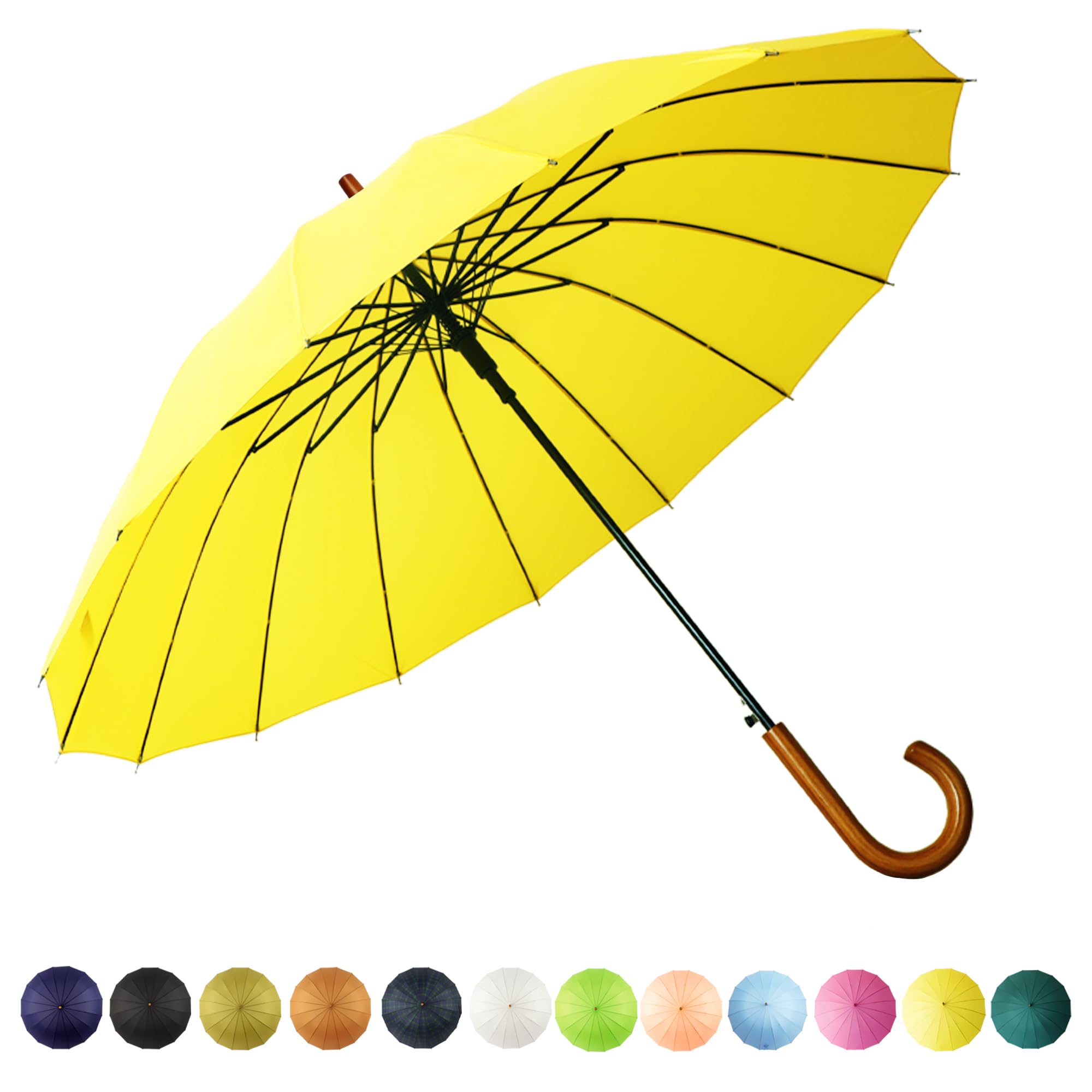 SoulRain16 Ribs 48" Stick Umbrella Auto Open Solid Color Fashionable and Simple，Arc Classic Wood Handle，Windproof Unbreakable Stick Rain Umbrella