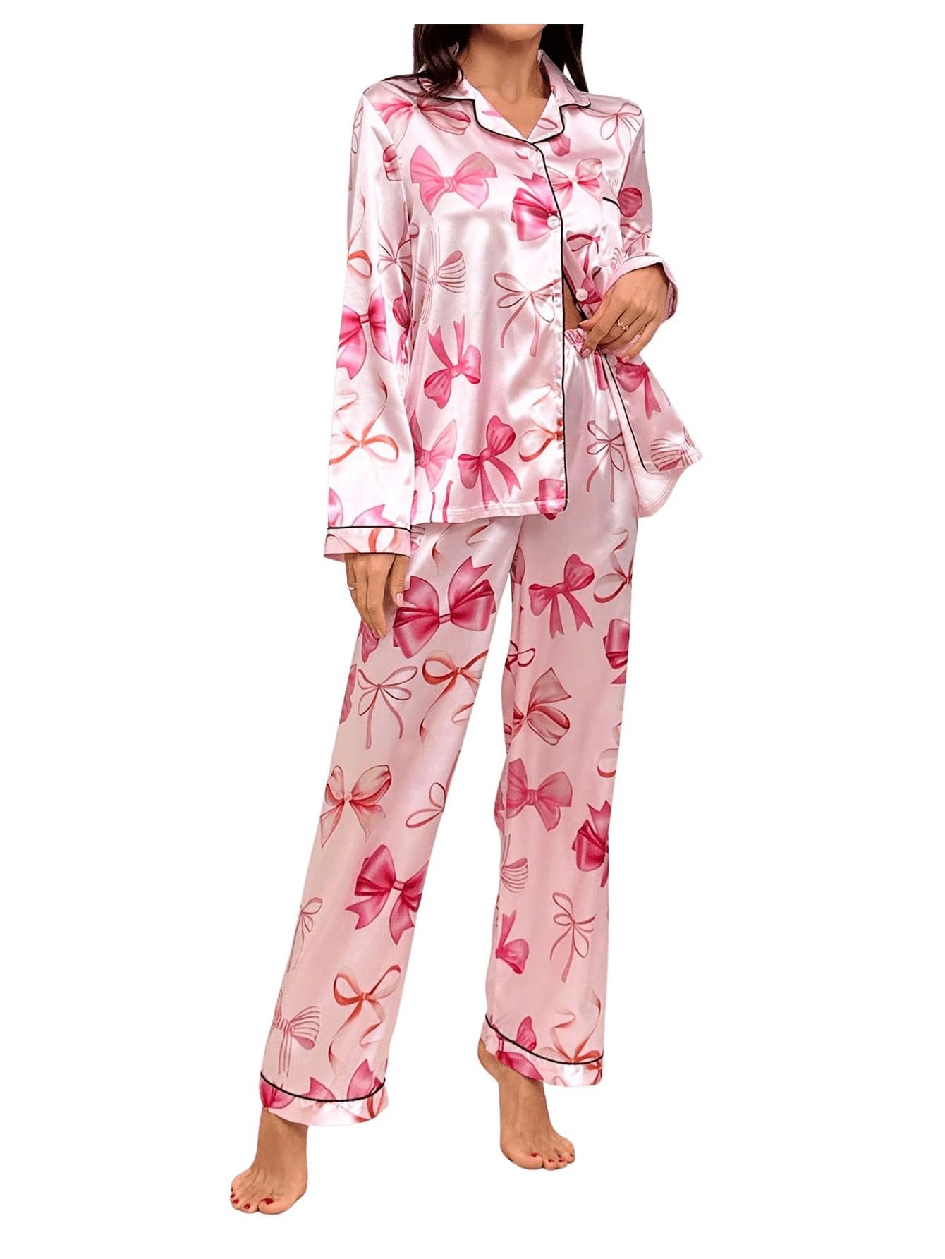 Verdusa Women's Silk Pajamas 2 Piece Satin Cute Bow Long Sleeve Button Down Shirt and Pants Lounge Set