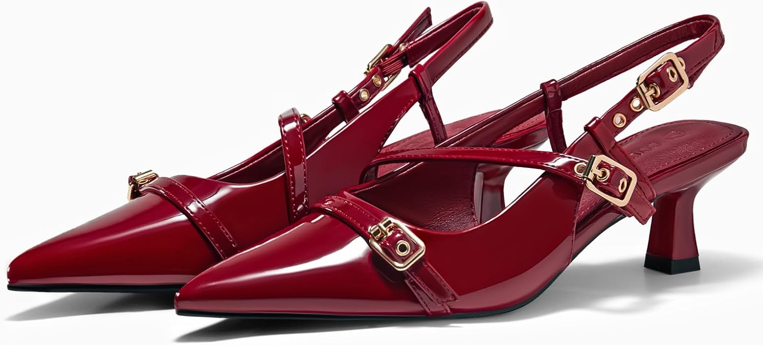 Coutgo Women's Slingback Kitten Heel Pointed Toe Pumps - Image 3