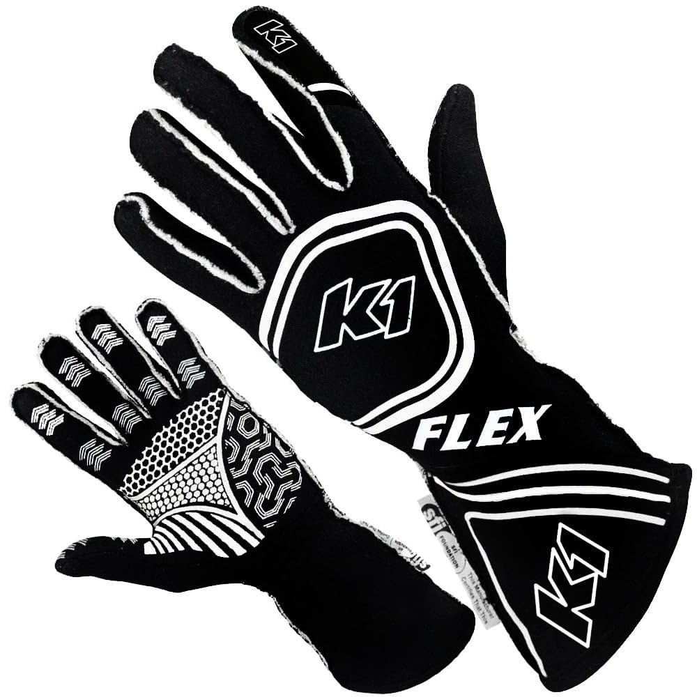K1 Flex Adult Nomex® Auto Racing Gloves - SFI 3.3/5 - Black, White - XL