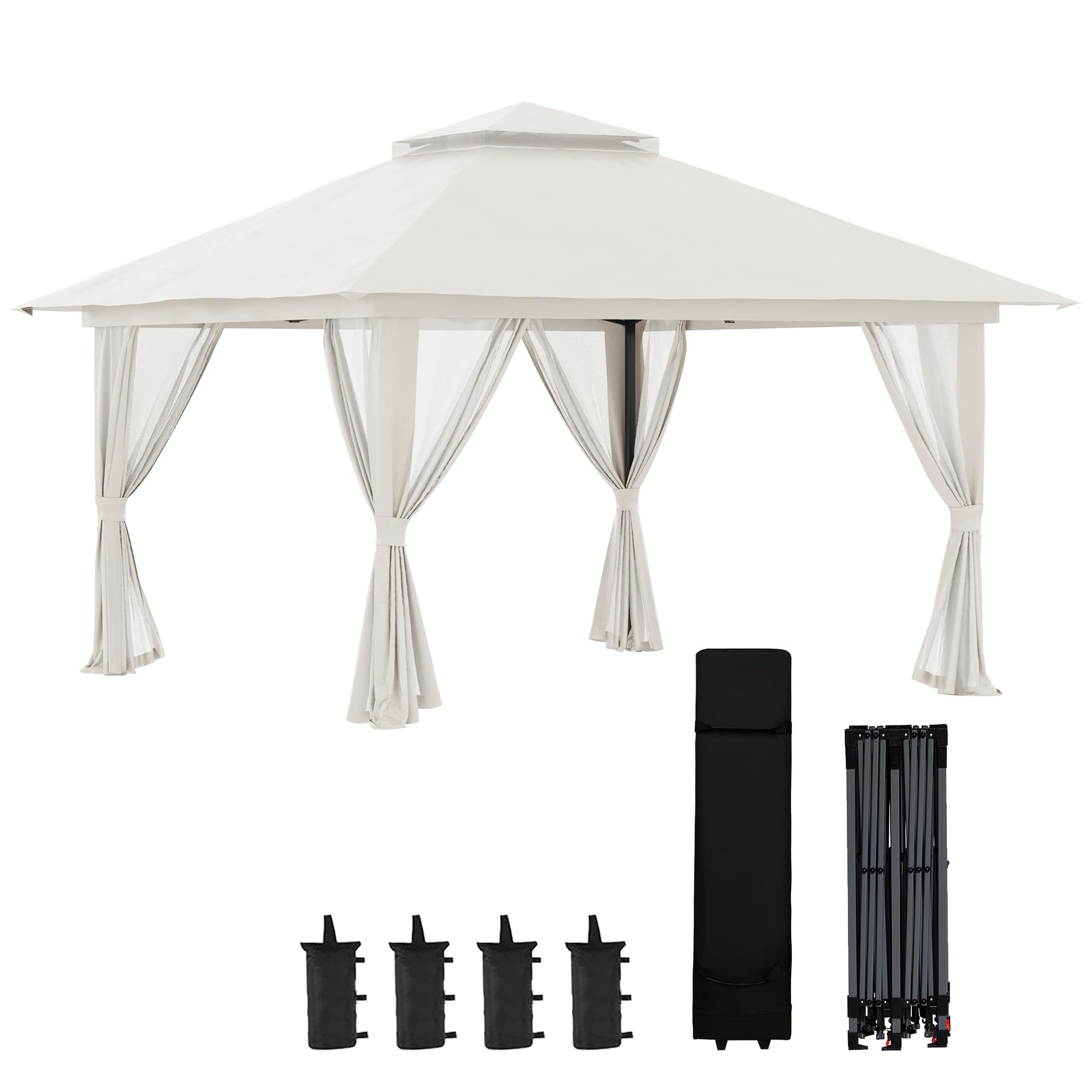 Outsunny Carpa Plegable Pop-​up 4x4x2,​8 m Cenador de Jardín con Paredes Altura Ajustable Anti-​UV Impermeable Doble Techo Mosquiteras y Bolsa de Ruedas Gazebo para Exterior Fiestas Camping Crema