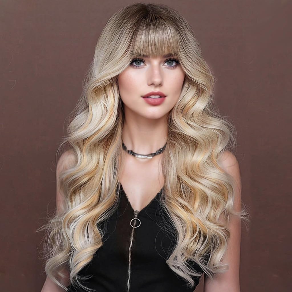 Lativ Long Wavy Synthetic Wig with Bangs, Adjustable Cap, 26 Inch