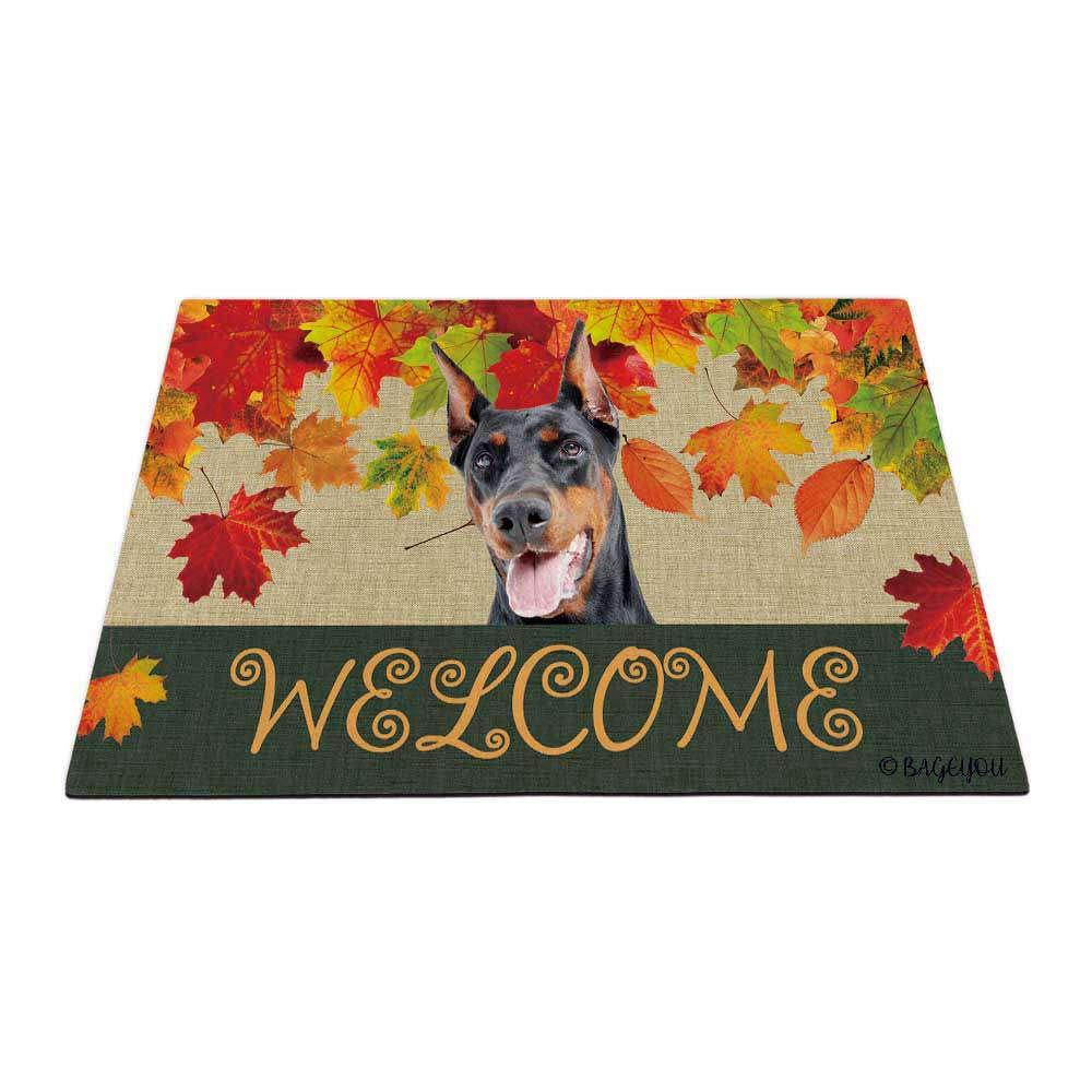 BAGEYOU Welcome Fall with My Favorite Dog Doberman Outdoor Doormat Maple Leaf Harvest Season Rustic Decor Porch Rugs Floor Mat 27.5" x 17.7"
