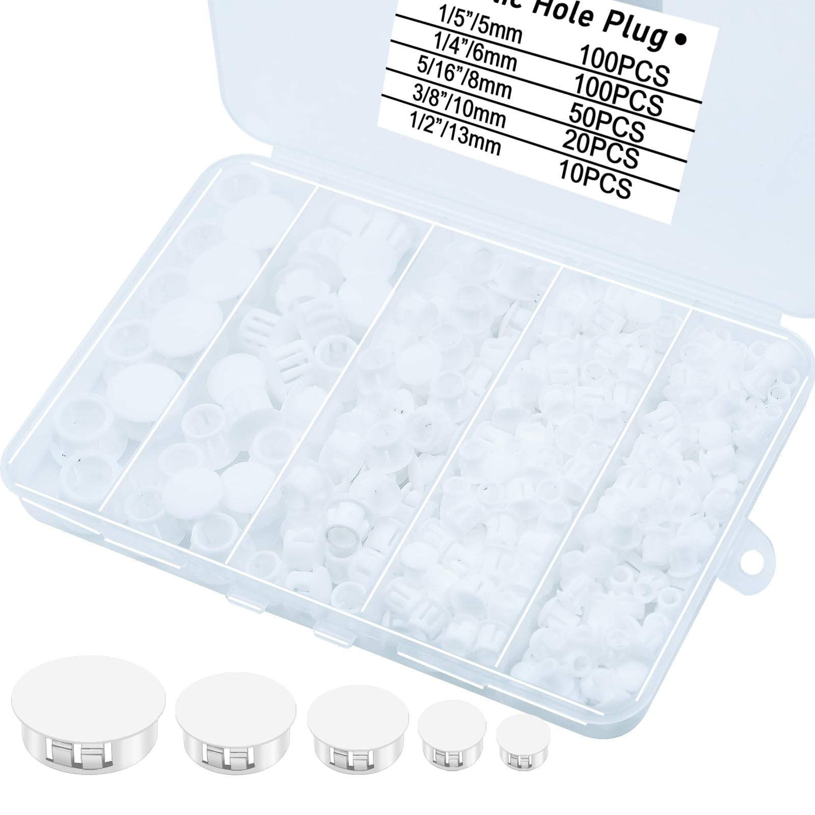280Pcs White Plastic Hole Plugs, White Hole Plugs Hardware Plugs for Round Holes, Knockout Plugs Screw Hole Plugs for Reserved Holes in Kitchen Cabinet 1/5" 1/4" 5/16" 3/8" 1/2"