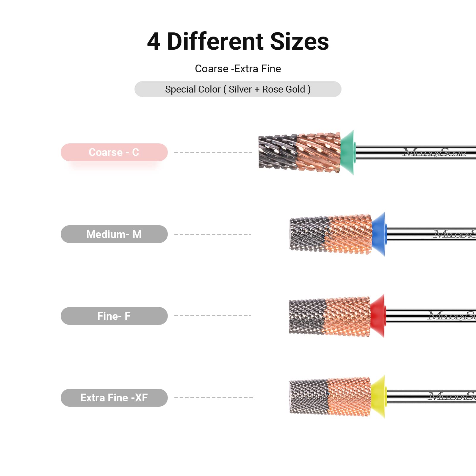 Brocas de barril cónico para uñas, brocas de tungsteno de carburo de 3/32 pulgadas, adecuadas para manicura, pedicura, cutícula, esmalte en gel, brocas de técnicos, plata y oro rosa, broca 3