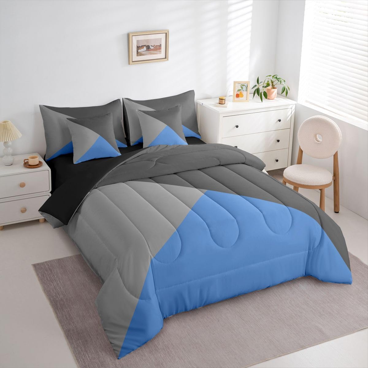 Erosebridal Geometric Triangle 7 Piece Bedding Set Blue Dark Grey and Light Gray Twin Comforter Set for Kids Boys Adults Men,Modern Bed in A Bag Soft Microfiber Bed Set Bedroom Decor