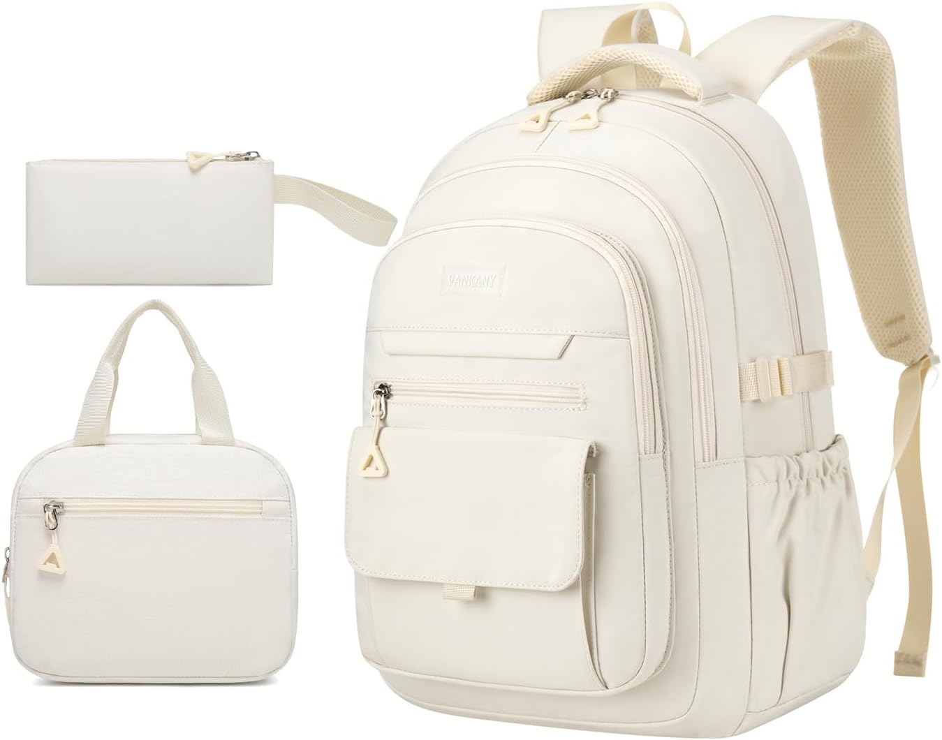 Girls School Backpack with Lunch Box, Teens Schoolbag Aesthetic High School Middle School Laptop Backpack College Student Women Bookbag, Beige-3pack