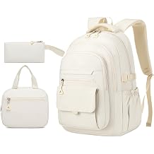 Girls School Backpack with Lunch Box, Teens Schoolbag Aesthetic High School Middle School Laptop Backpack College Student Women Bookbag, Beige-3pack