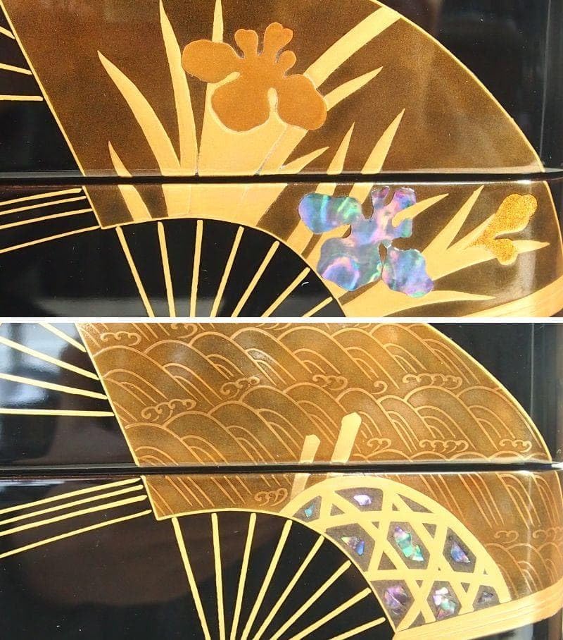 高級・輪島塗 道甫作 扇面蒔絵 四段重箱 台付き お重弁当箱 漆器