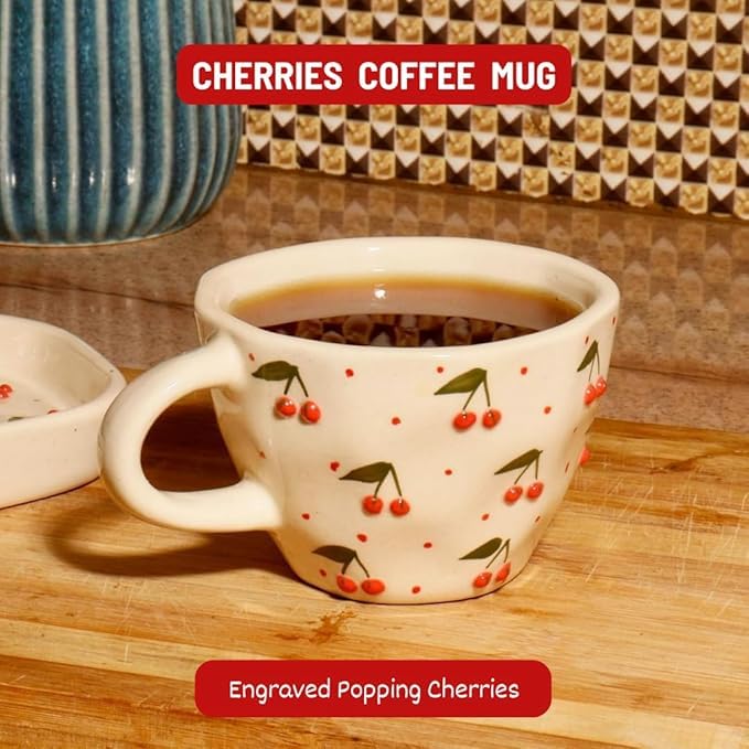 Image of THE MOON STORE Ceramic Coffee Cup and Saucer Set, Cherry Pattern Design, White, 250ml for Gift Aniversary and Birthday