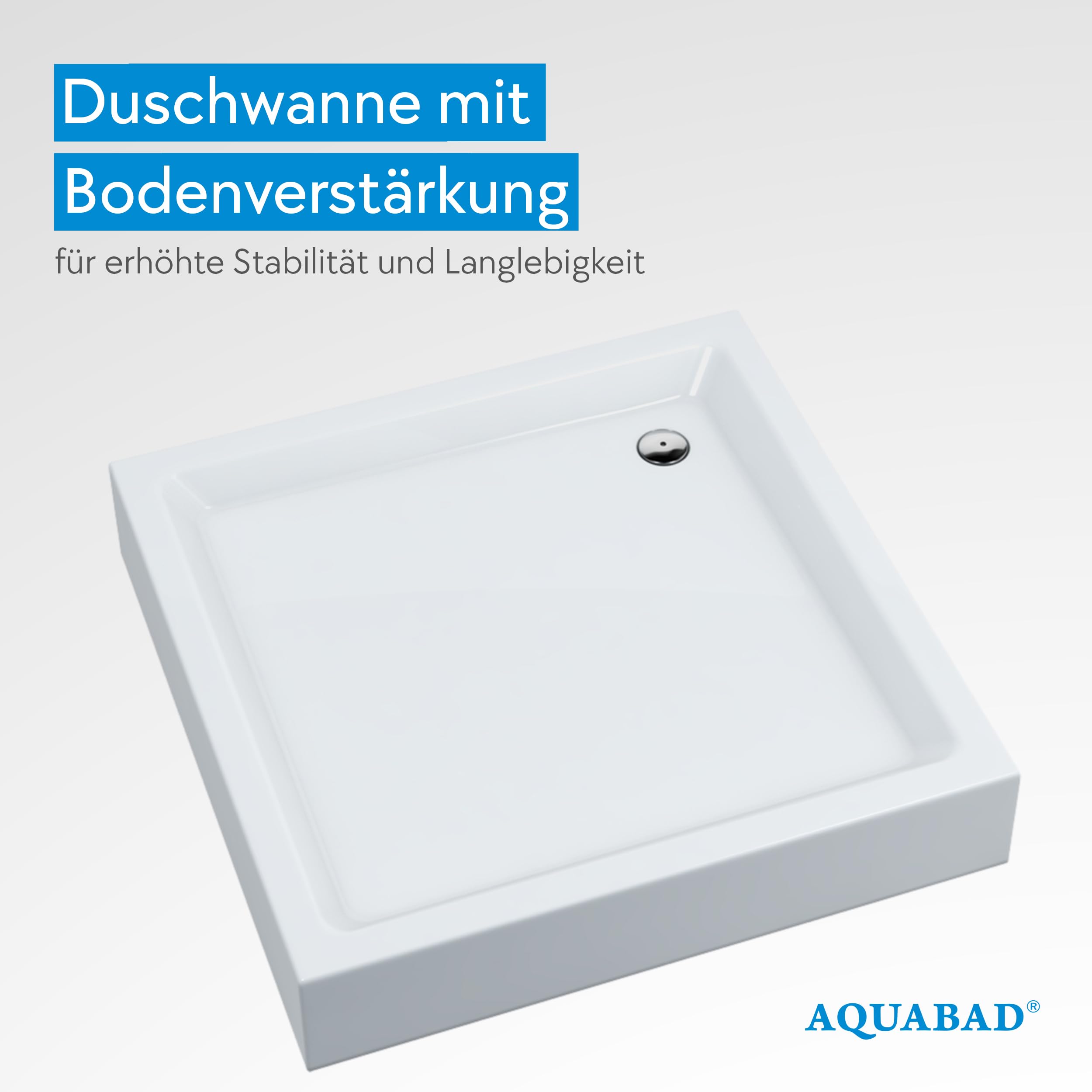 Aquabad Duschwanne NORMA, Maße 90x90cm Quadrat für Duschecke, Duschnische, 3x integrierte Standvorrichtung, Domoplex Siphon, Weißes Sanitäracryl