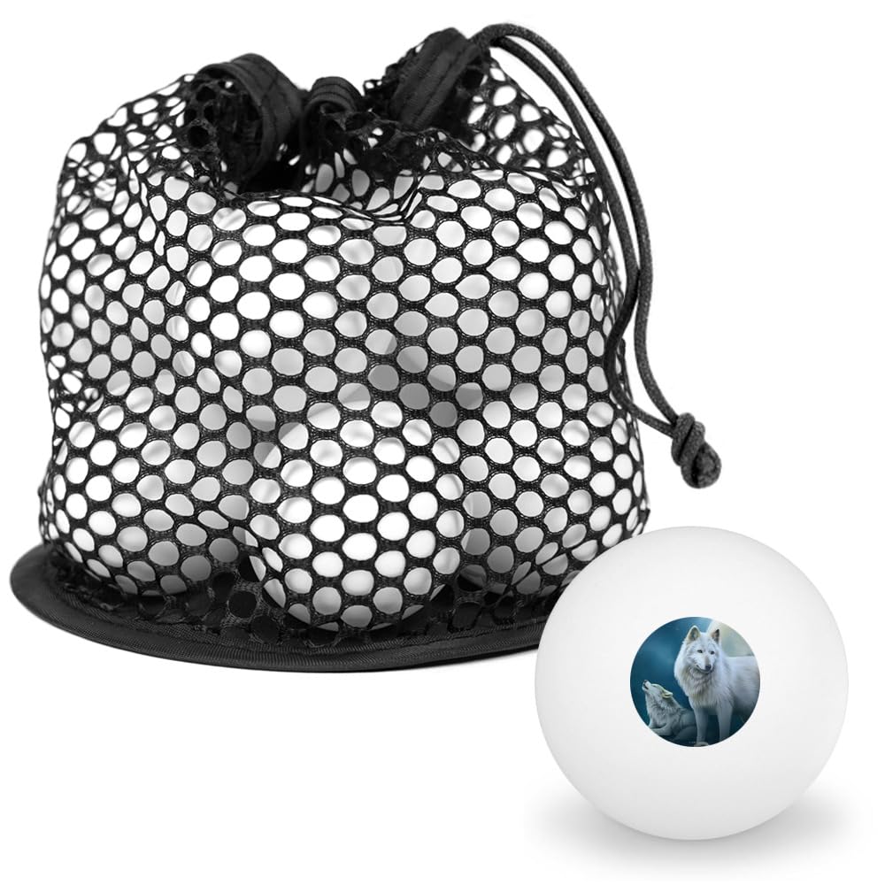 White Wolves Moon Novelty Table Tennis Ping Pong Ball 12 Pack with Storage Bag