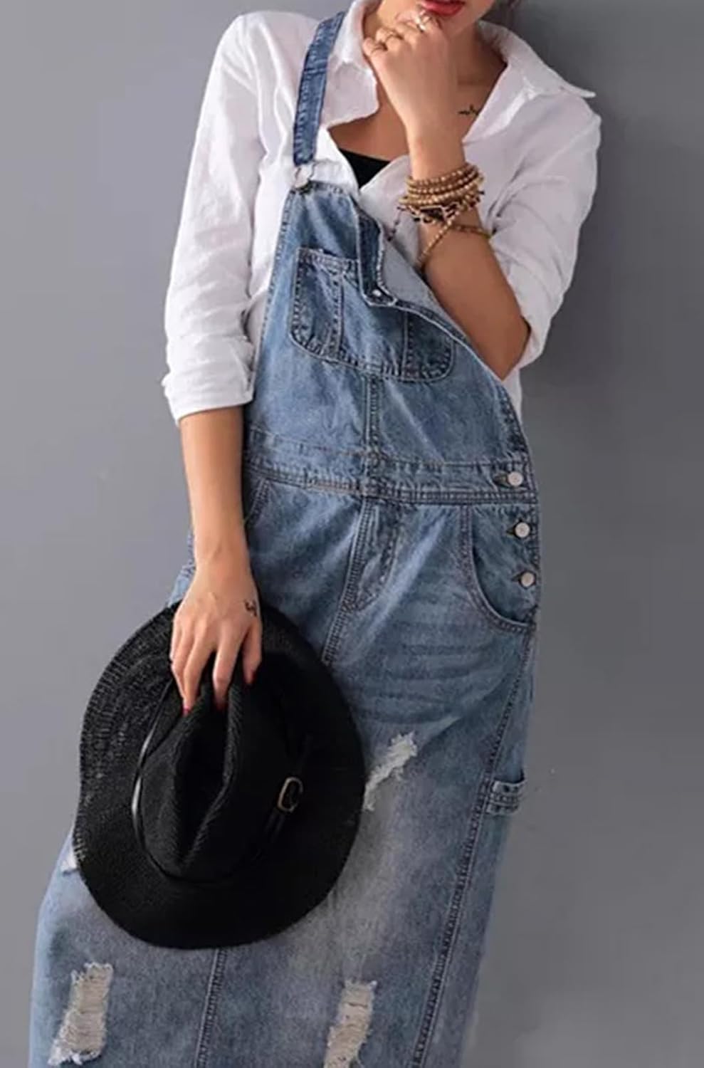 loveimgs Women Distressed Denim Overall Dress Bib Long Jean Jumper Ripped Adjustable Straps Patchwork Pinafore Dress - Image 2