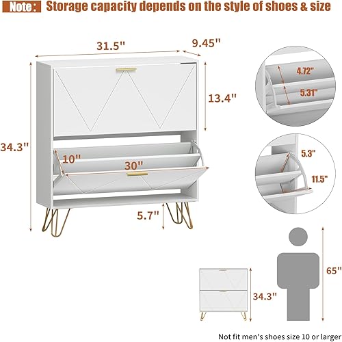Miniatura 2 de JOZZBY Armario de zapatos para entrada delgado y estrecho con 2 cajones abatibles, armario de almacenamiento de zapatos blanco, armario de zapatos