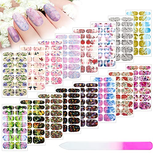 224 Pieces 16 Sheets Spring Full Wrap Nail Polish Stickers Floral Butterfly Self Adhesive Nail Decal Strip with File Manicure Kit Summer Flower Long Lasting Polish Wrap for Women DIY Decoration