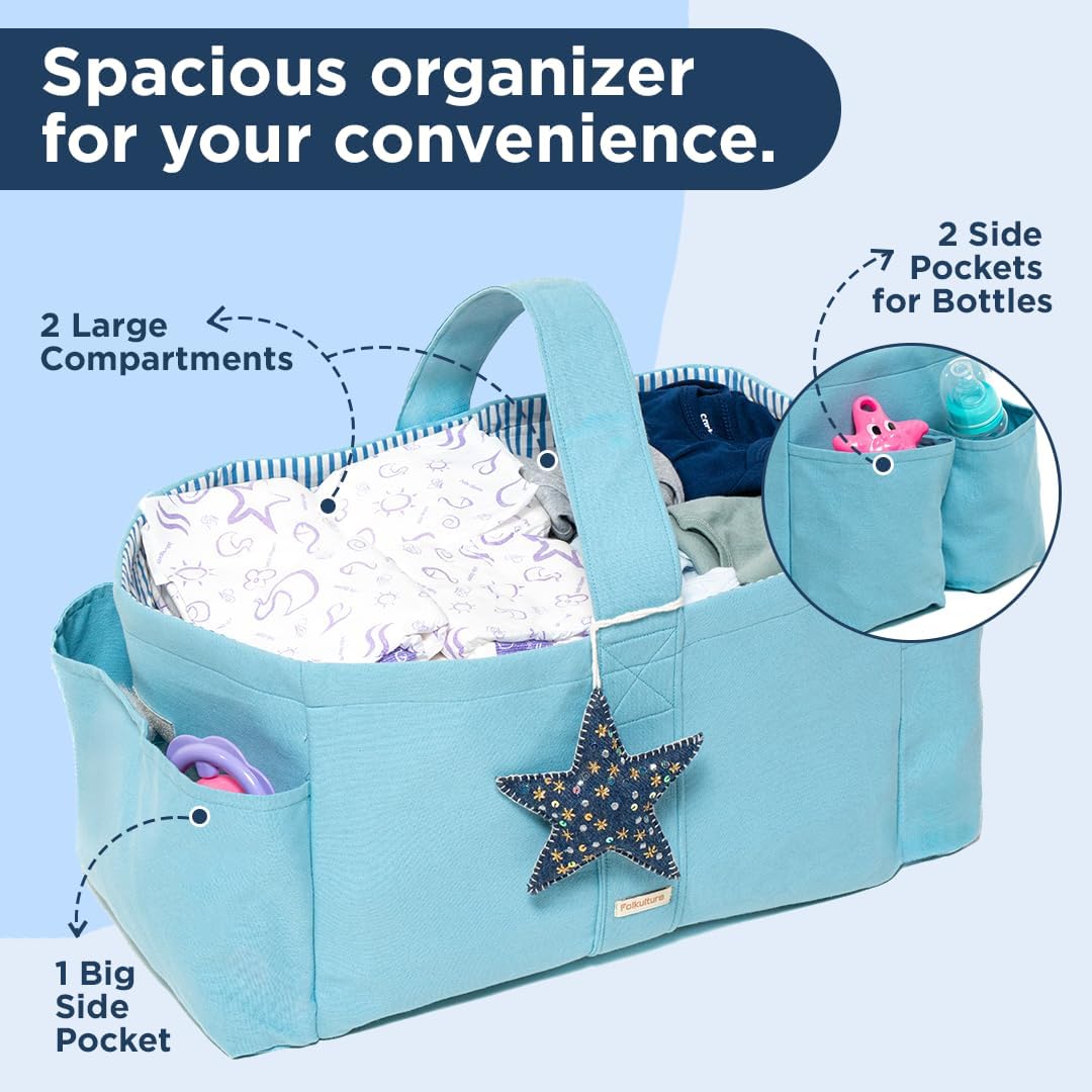 Folkulture Baby Diaper Caddy | Cotton Diaper Bag for Kids - Stylish Comfort Spacious Travel Essential Cart | Nursery Storage Bin and Car Organizer for Diapers, Wipes (Sky Blue - 15")