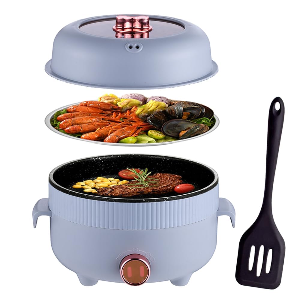 RHD Electric Hot Pot 2.2L with Steamer, Portable Non-Stick Frying Pan, Portable Travel Cooker for Roast/Ramen/Fondue/Soup for Dorm/Camping/Home, Dual Power Control, Over-Heating Protection, Grey