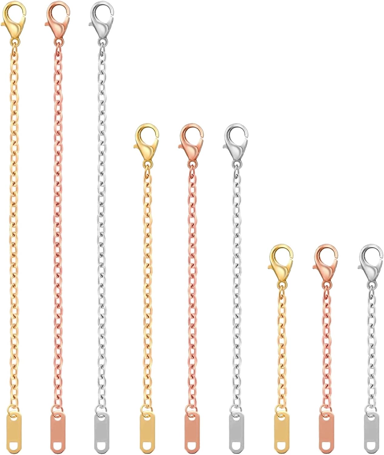 LXUEJIE 9 Pcs Necklace Extender, Rose Gold Necklace Extender, Alloy Necklaces Chain Extenders for Necklaces Bracelet Anklet, Delicate Chain Extenders (Gold/Silver/Rose Gold, 5/10/15cm)