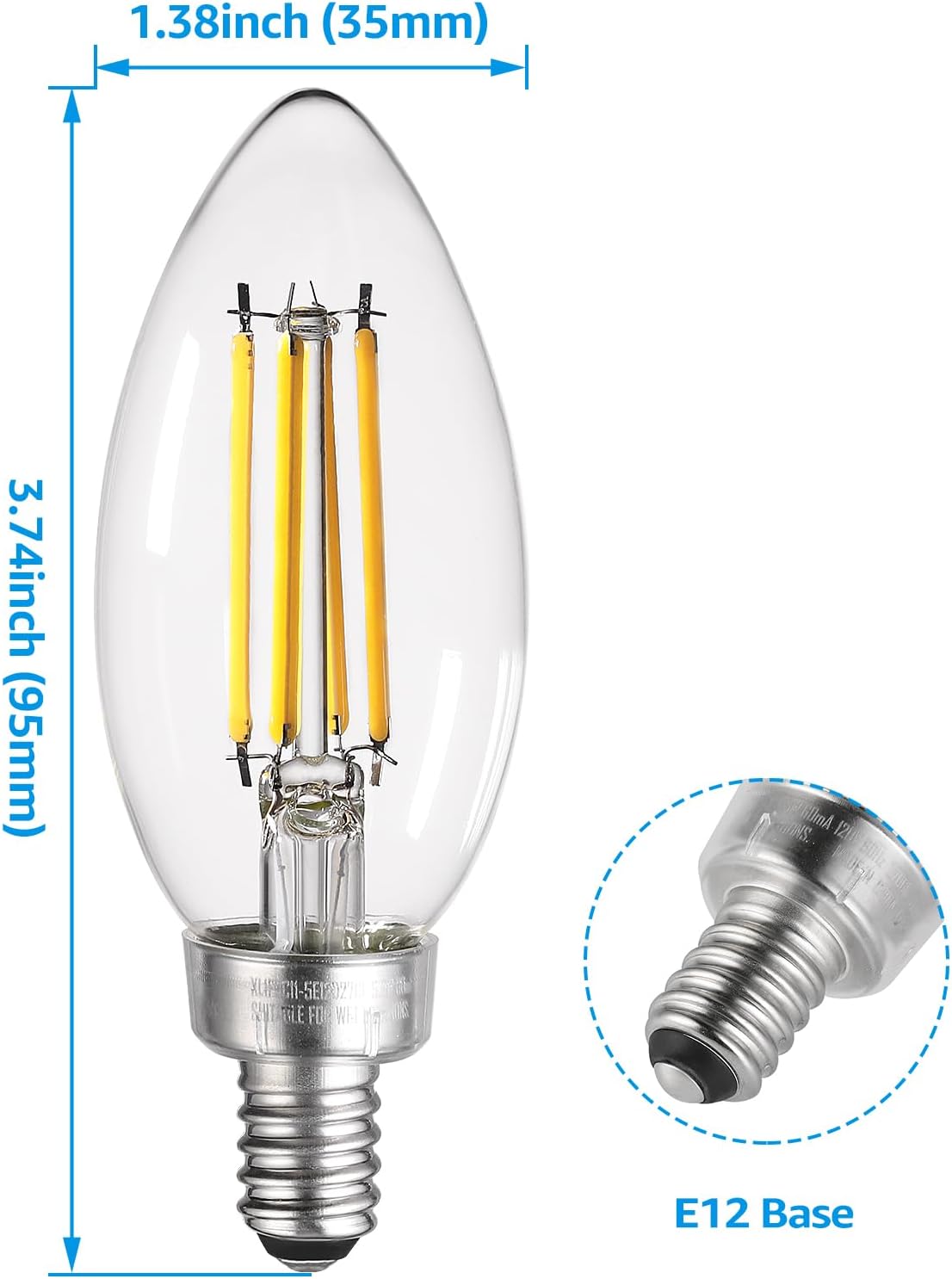 TORCHSTAR 12-Pack Dimmable E12 LED Candelabra Bulb 60W Equivalent, Vintage Chandelier Light Bulbs, UL Listed, LED Filament Candle Bulb C11, Clear Glass, Ceiling Fan Light Bulbs, 2700K Soft White