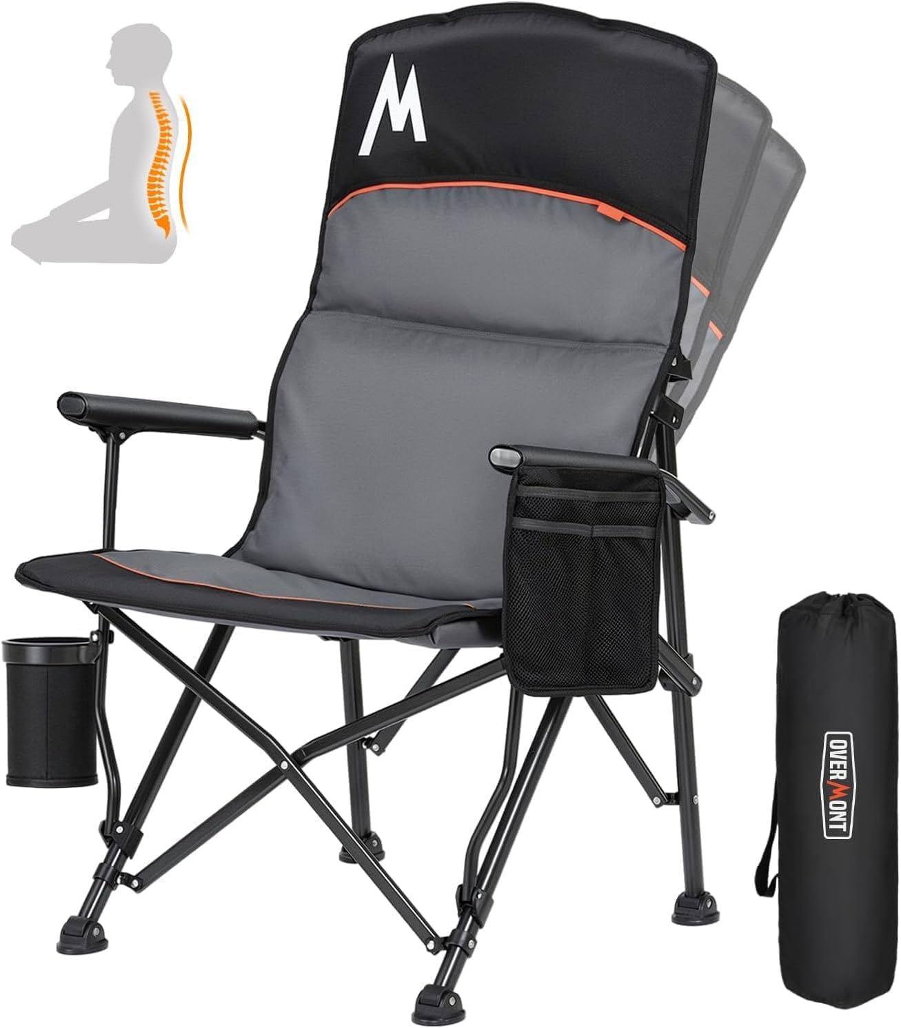 OVERMONT Campingstuhl Hochlehner Faltbar mit Kopfstütze - Klappstuhl Tragbar bis 226 KG - Gartenstuhl Klappbar mit Gepolstert Armlehnen - für Outdoor Wandern Picknick