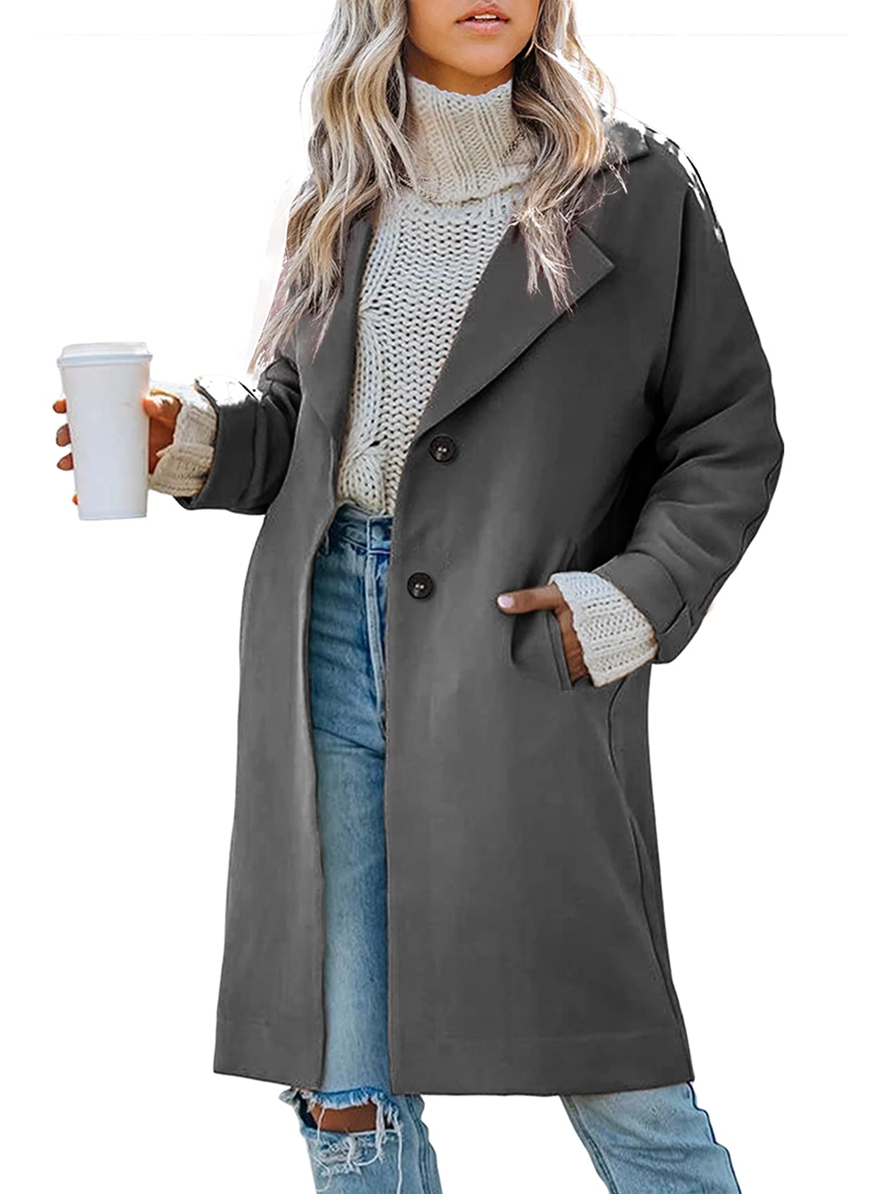 BbalizkoWomens Notch Lapel Cotton Blend Coat Winter Single Breasted Mid-Long Trench Pea Coat Overcoat with Pockets