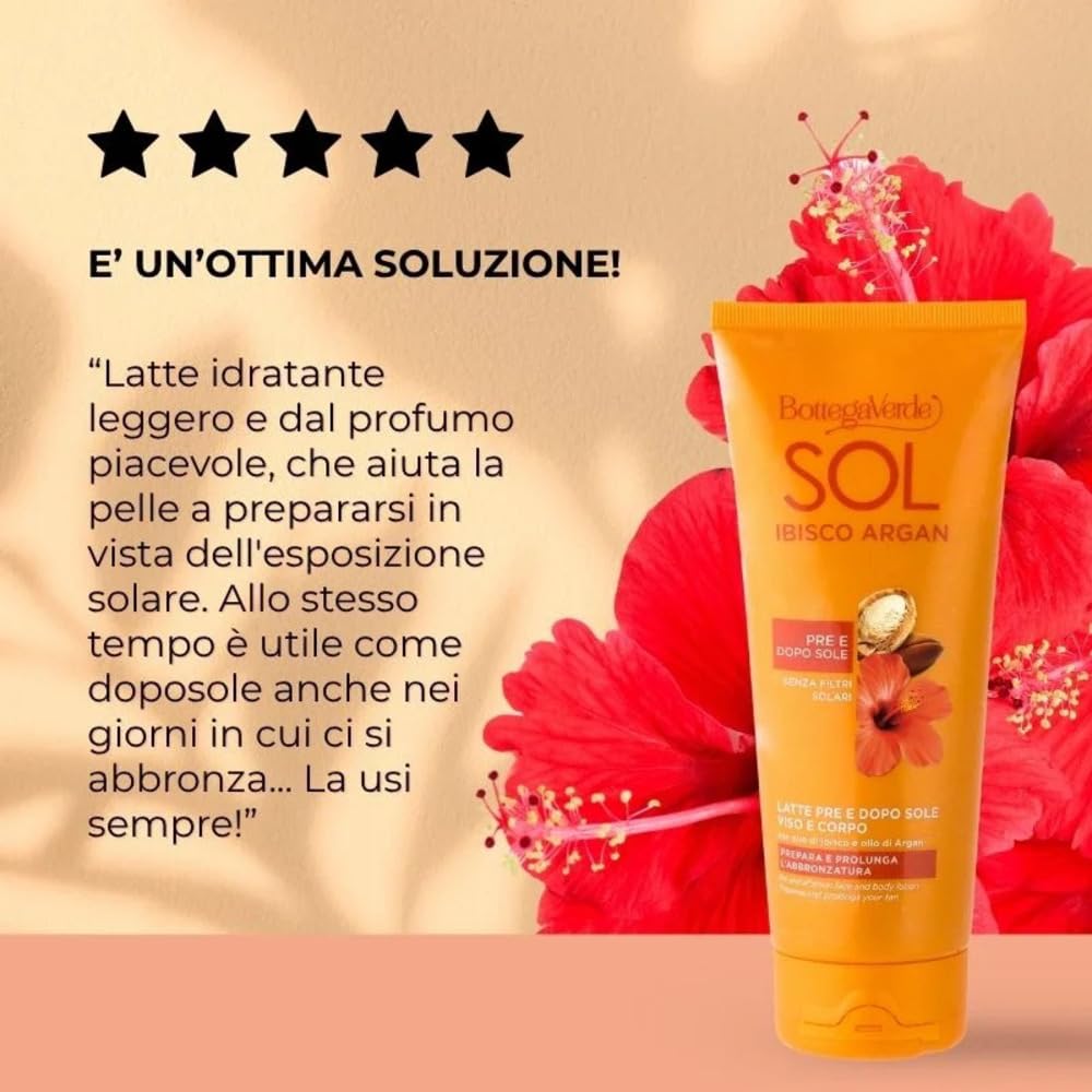 Bottega Verde - SOL Ibisco Argan, Latte Presole e Doposole Viso e Corpo, 200ml, Idrata e Prolunga l'Abbronzatura, Senza Filtri Solari