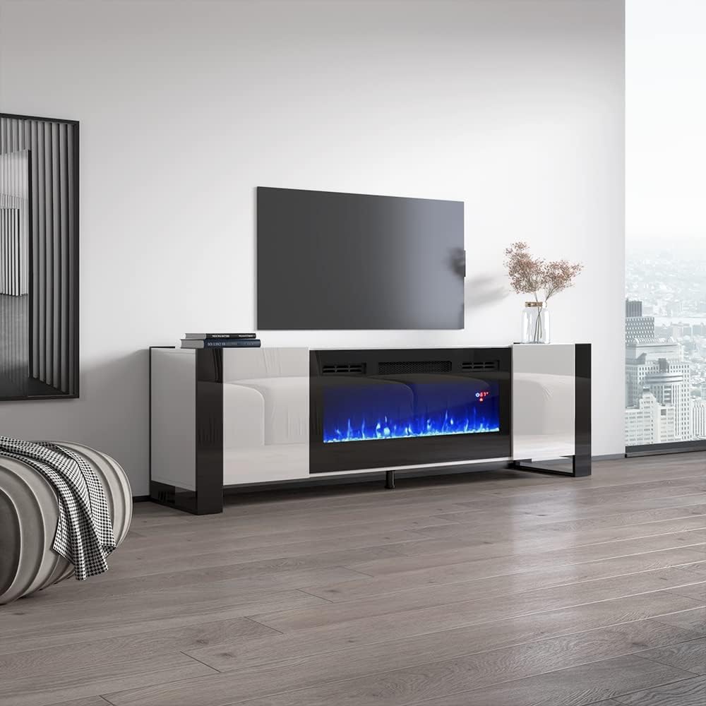 Meble Furniture Woody BL-EF Electric Fireplace TV Stand — High Gloss Modern Media Console — Fits TV up to 85" — White/Black, 77" W x 18" D x 25" H