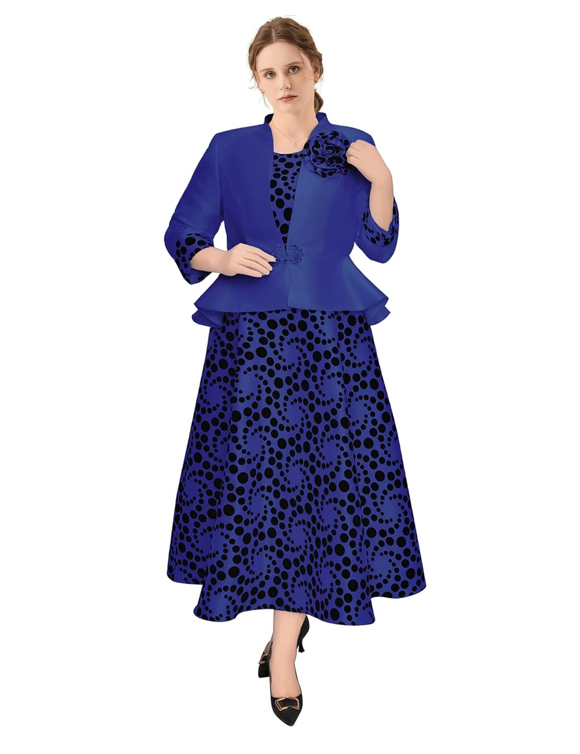 Geenlinm FASHlON 2 Piece Polka Dot Dress Suit Womens Dress Church Suits with Detachable Corsage Plus Size Formal