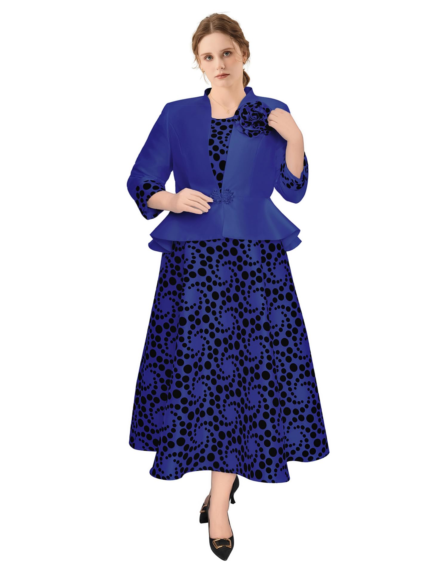 Geenlinm FASHlON 2 Piece Polka Dot Dress Suit Womens Dress Church Suits with Detachable Corsage Plus Size Formal