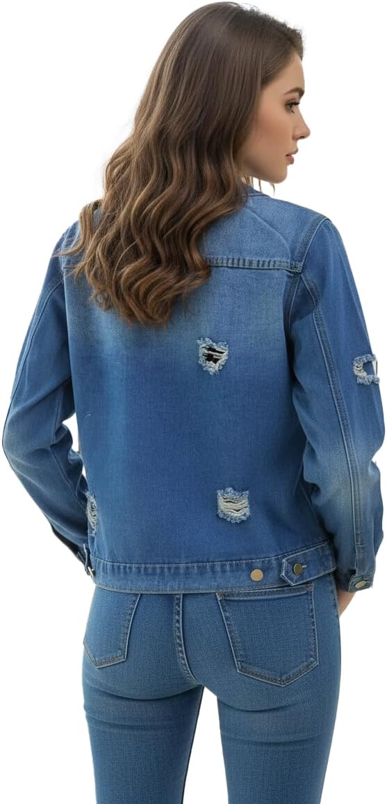 2026 Casual Women's Blue Denim Jackets Long Sleeves Classic Distressed Fall Jean Outfits - Image 4