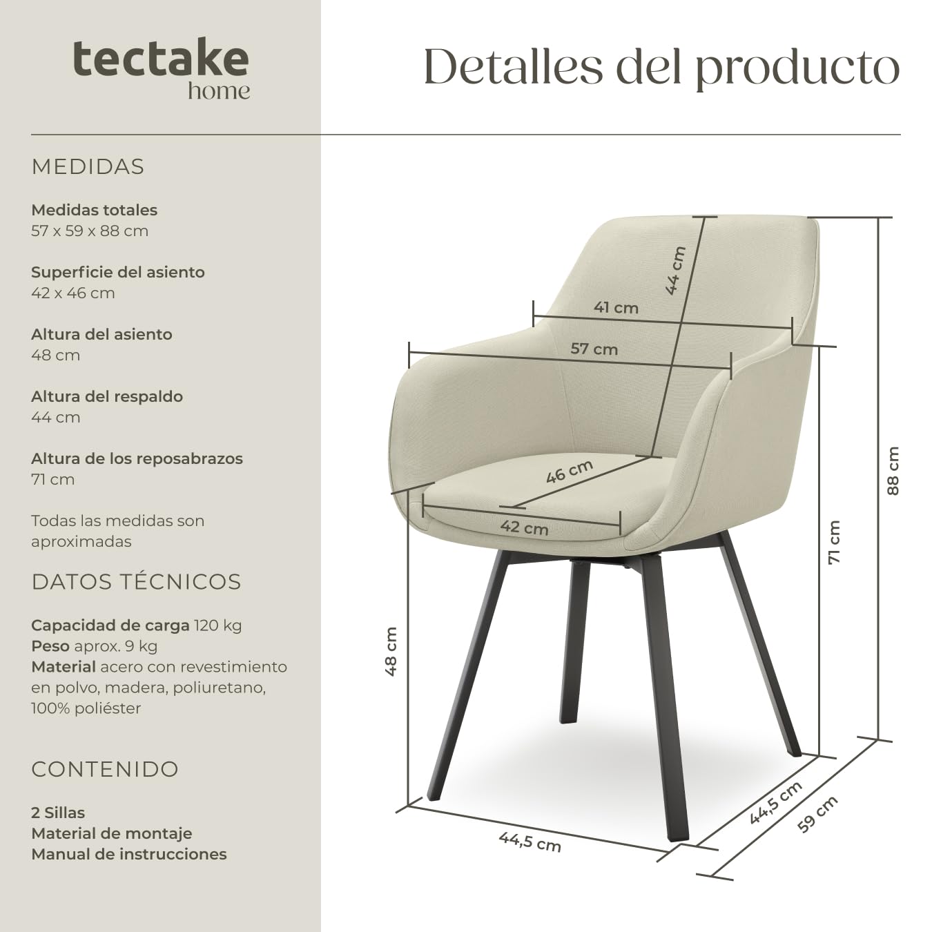 tectake® Silla Giratoria con Reposabrazos, Tapizada y con Acolchado de Alta Densidad, Patas de Acero 360°, Antideslizante, Montaje Rápido, Ideal para Comedor, Cocina y Dormitorio - 2 Sillas Beige