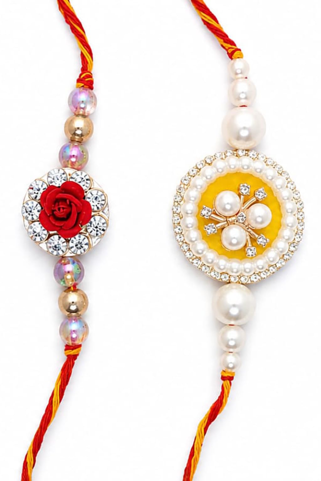 Sneh Set of 2 Designer Rakhi Combo for Brother with Roli Chawal, Greeting Card & Elegant Gift Box Packing (Yellow Pearl & Red Rose Bead Rakhi Thread)-image-27