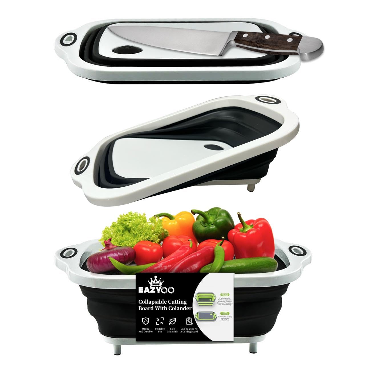 Camping Collapsible Washing Bowl ⎯ Cutting Board with Drain Plug | 3-in-1 Chopping Board, Wash Basin & Storage Basket | Foldable Dish Tub for Kitchen, Travel, Picnic & BBQ (Black & White)