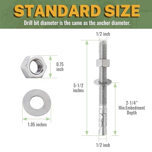 Miniatura 10 de LIONMAX Pernos de anclaje de hormigón de acero inoxidable de 38 pulgadas x 3 pulgadas, paquete de 12 anclajes de cuña para soporte de base de pared
