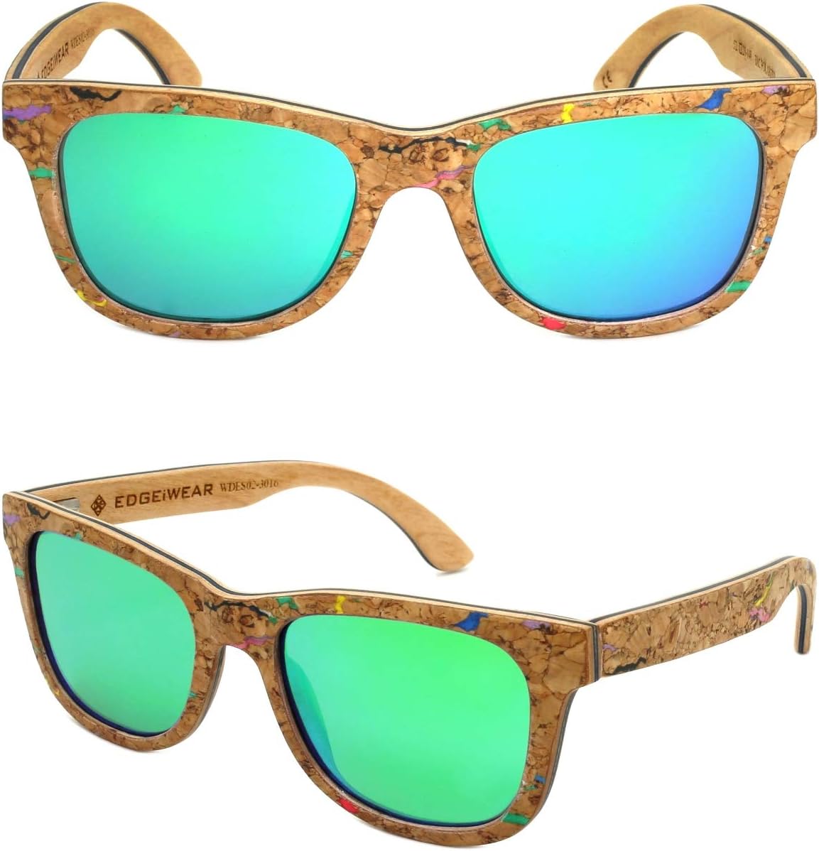 EDGEIWEAR Real Natural Corkwood Frame Polarized Sunglasses Eco Friendly With Color Mirror Lens Bamboo Case included WDES02-P1GNRV(gnrv)